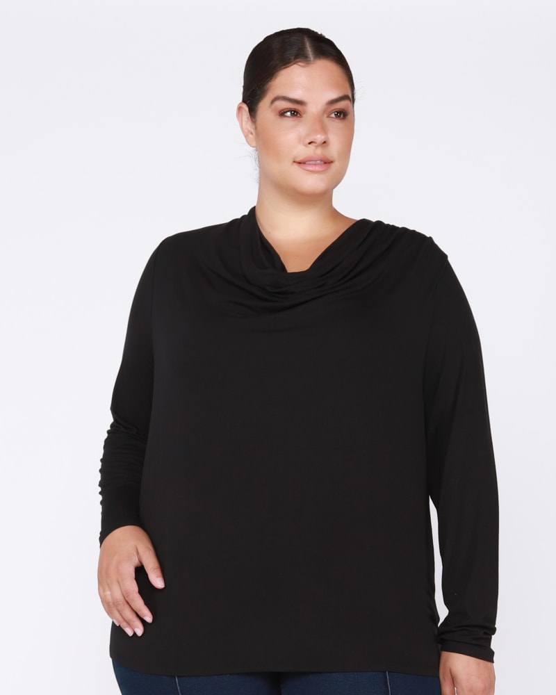 Front of a model wearing a size 0X Tessa LS Cowl Neck Top in Black by DEX PLUS. | dia_product_style_image_id:237860